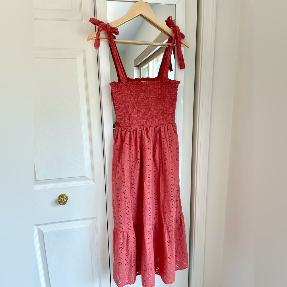 Q+A Los Angeles Coral Midi Dress with Smocked Bodice